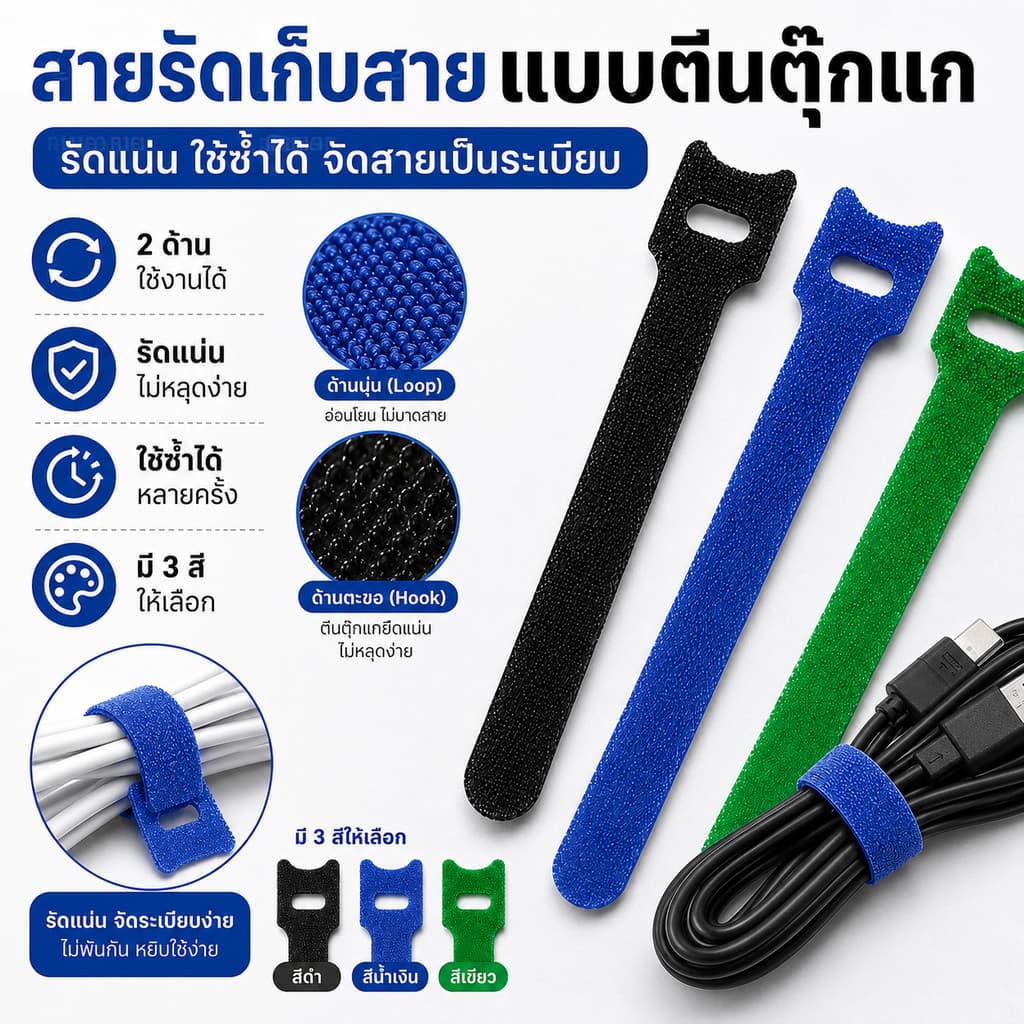 ที่จัดสายไฟแบบติดกาว สายรัดตีนตุ๊กแกเก็บสายชาร์จ ใช้ซ้ำได้ 5 สี สำหรับสายไฟ หูฟัง 10-50 ชิ้น พร้อมส่งไทย คุ้มค่า cod